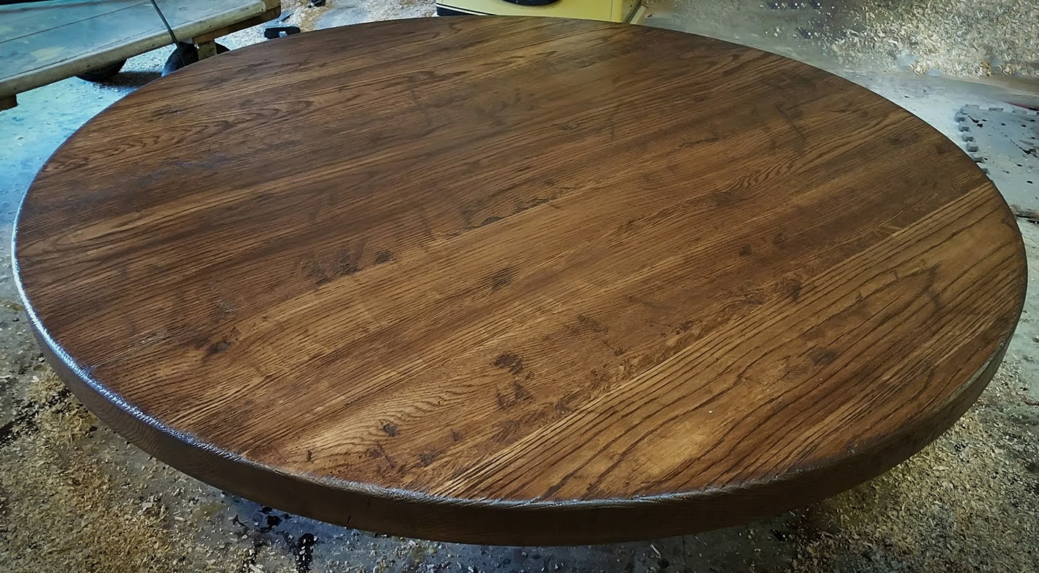 Thick round distressed table top